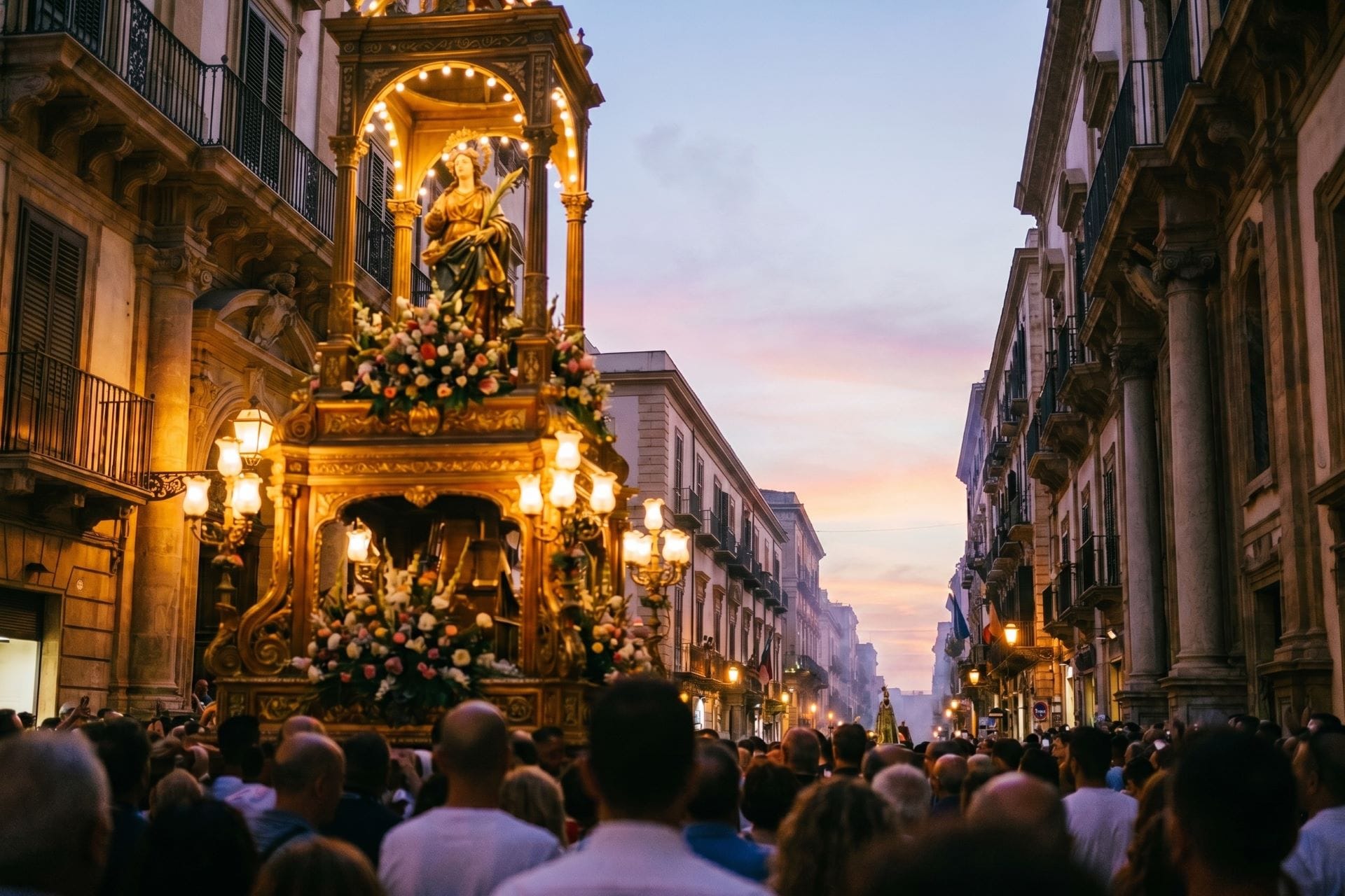 The gilded triumphal cart of Santa Rosalia carried through a crowd on the Cassaro in Palermo at dusk