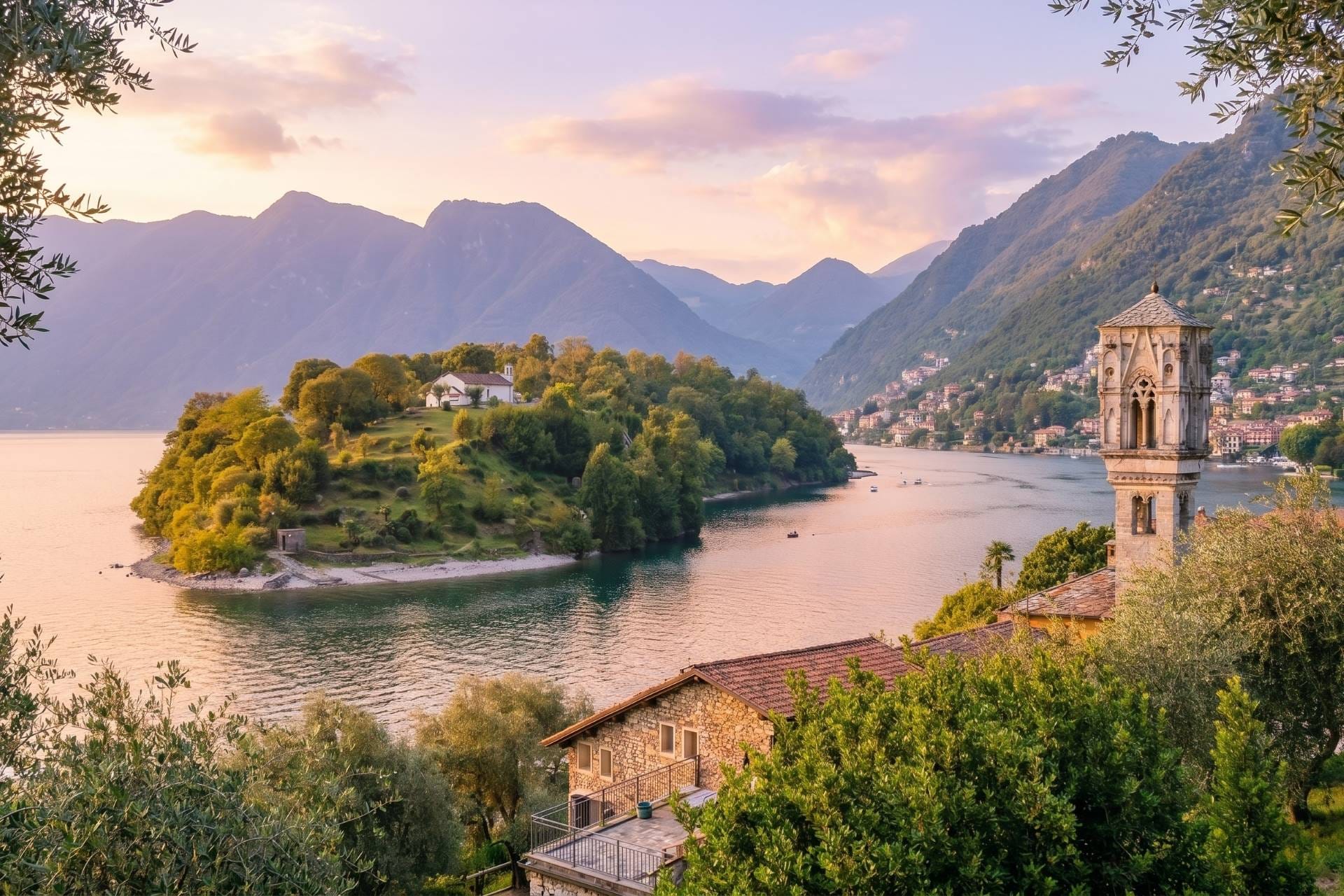 The Isola Comacina and the Gothic bell tower of Ossuccio at sunset on Lake Como