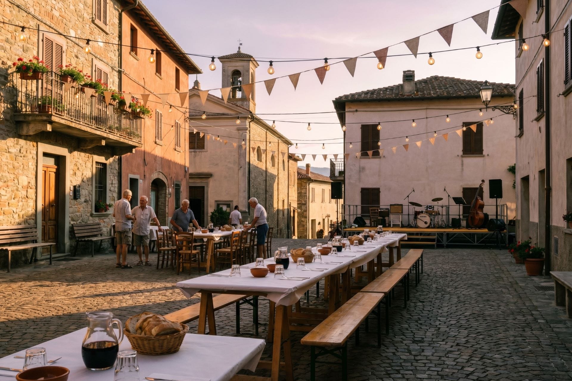 Long communal tables and bunting in a village piazza at golden hour set for an Italian summer sagra