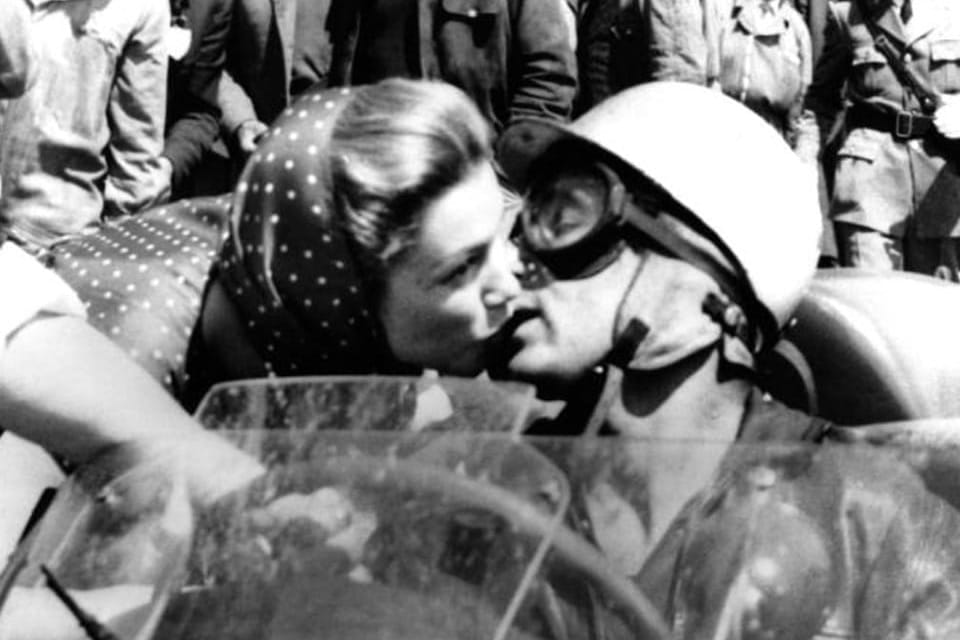 Linda Christian kissing Alfonso de Portago before his fatal 1957 Mille Miglia run, the Kiss of Death