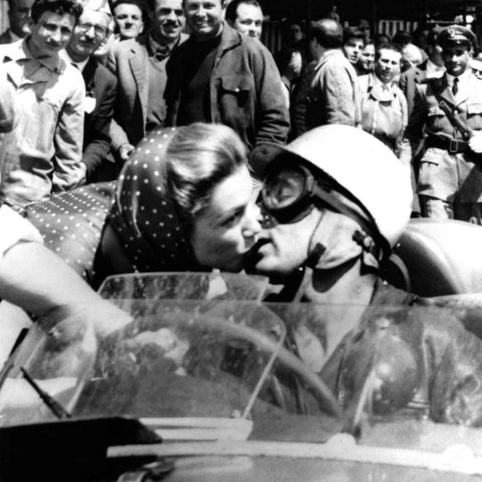 Linda Christian kissing Alfonso de Portago before his fatal 1957 Mille Miglia run, the Kiss of Death