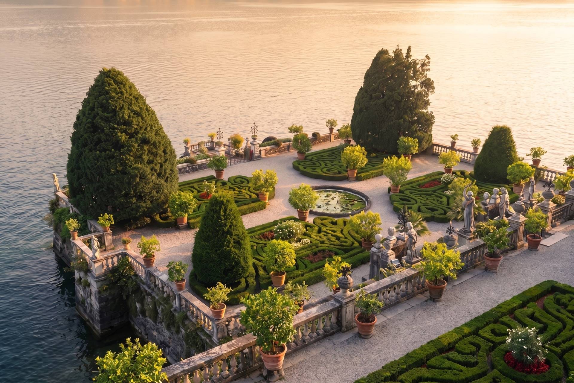 Baroque terraced gardens of Isola Bella with topiary and statues on Lake Maggiore at dawn