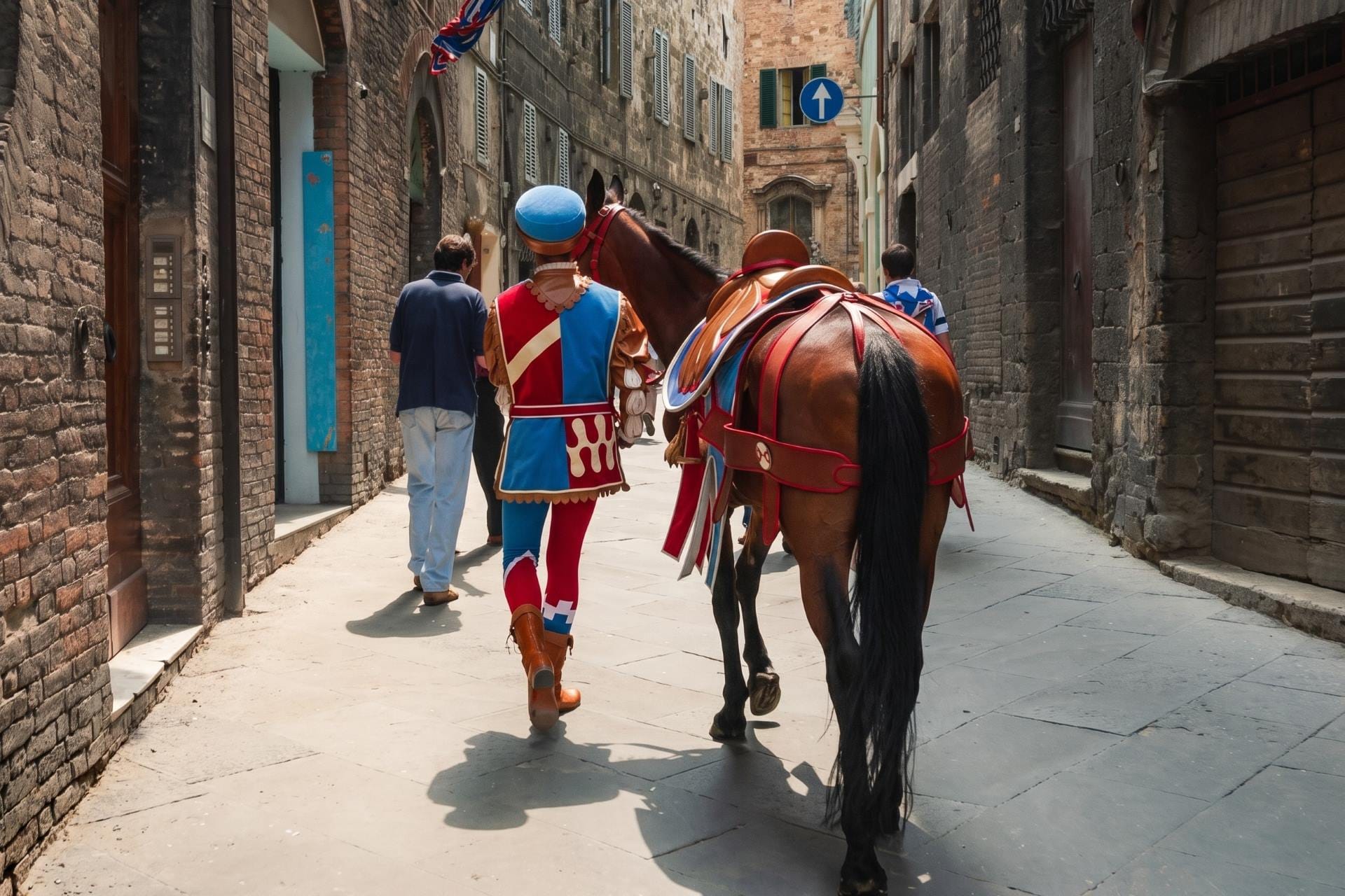 A costumed page leads a contrada's horse through Siena before the Palio di Siena