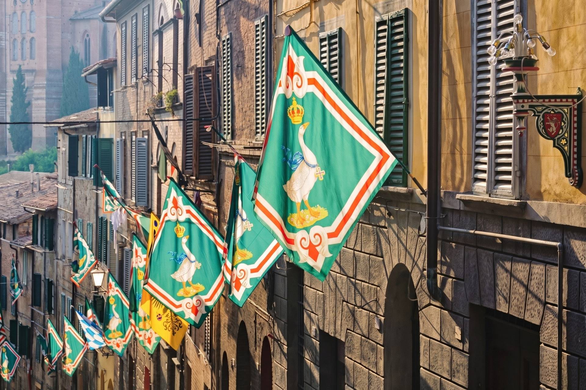 Green flags of the Oca, the goose contrada of Fontebranda, before the Palio di Siena