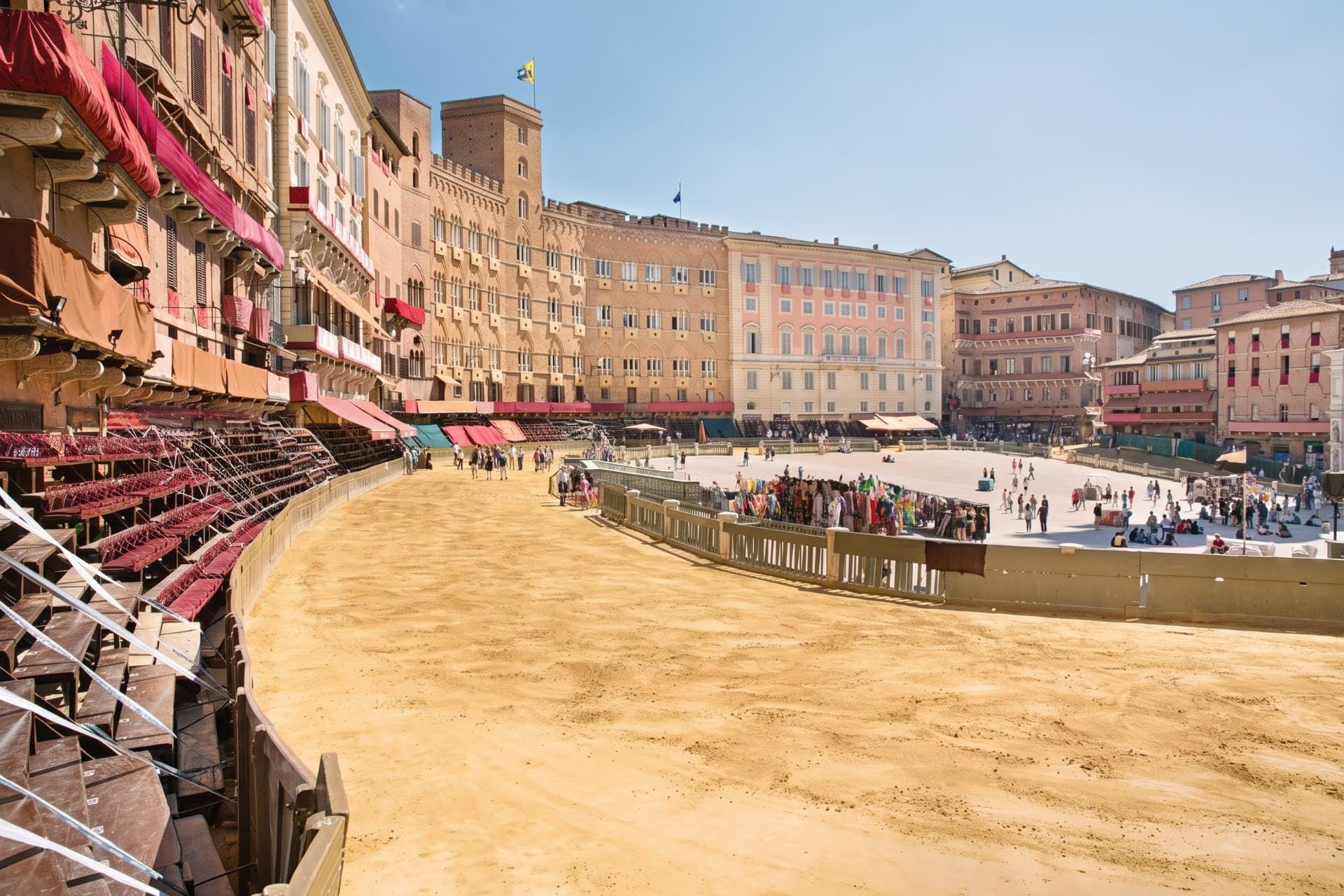 The tufo earth track and grandstands laid in Piazza del Campo before the Palio di Siena