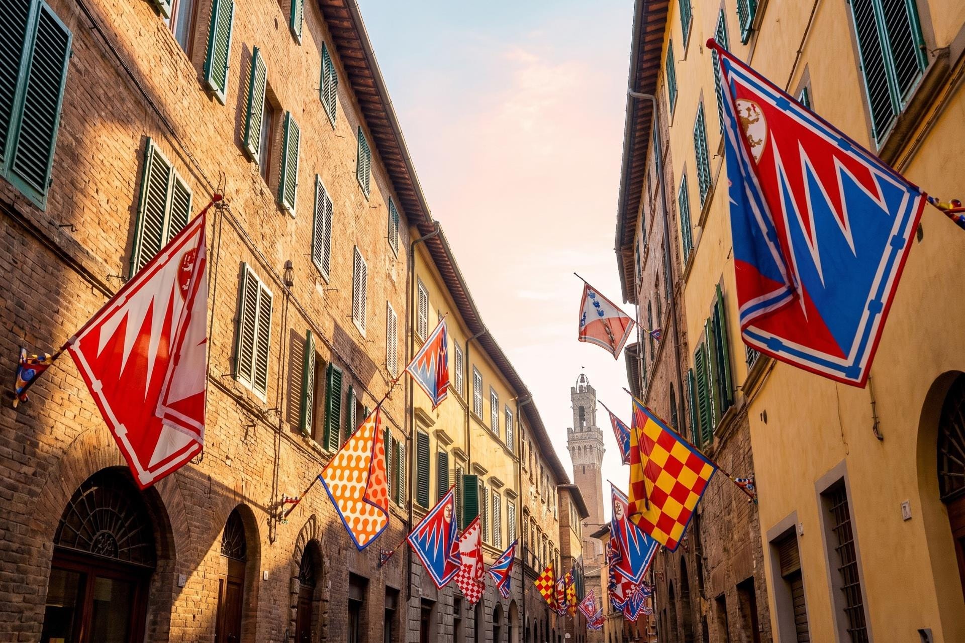 Colorful contrada banners hanging over a Siena street with the Torre del Mangia, before the Palio di Siena
