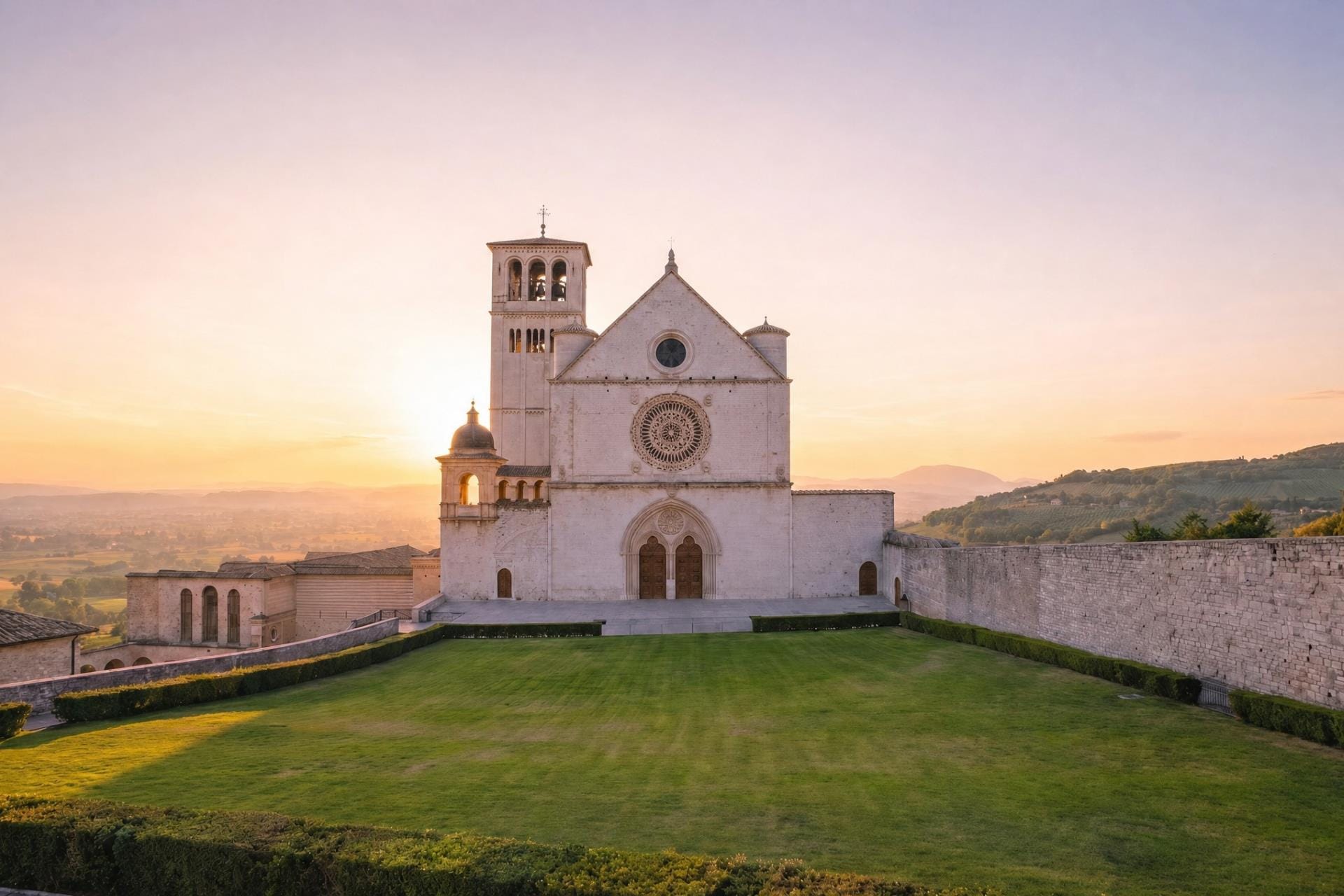Basilica of San Francesco in Assisi at sunset above the Umbrian valley, a day trip from Perugia