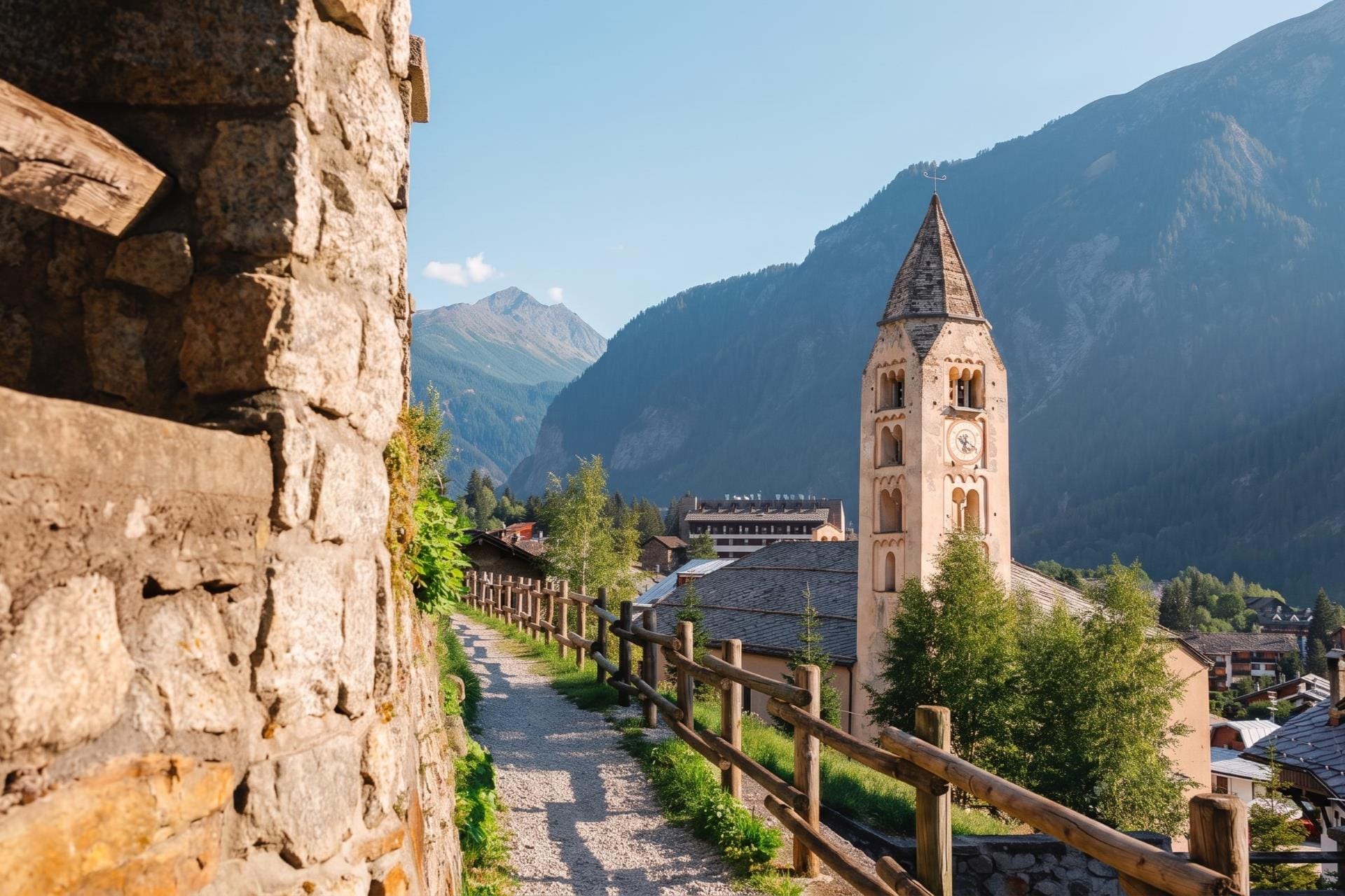 Historic stone bell tower and traditional alpine village of Courmayeur viewed from a fenced stone path during golden hour.