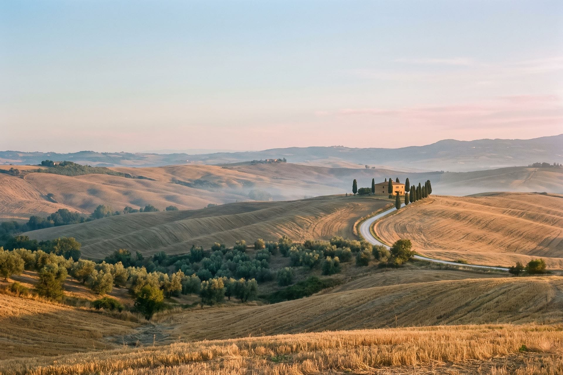 Ridgetop farmhouse and cypresses by a winding road at dawn, Val d'Orcia