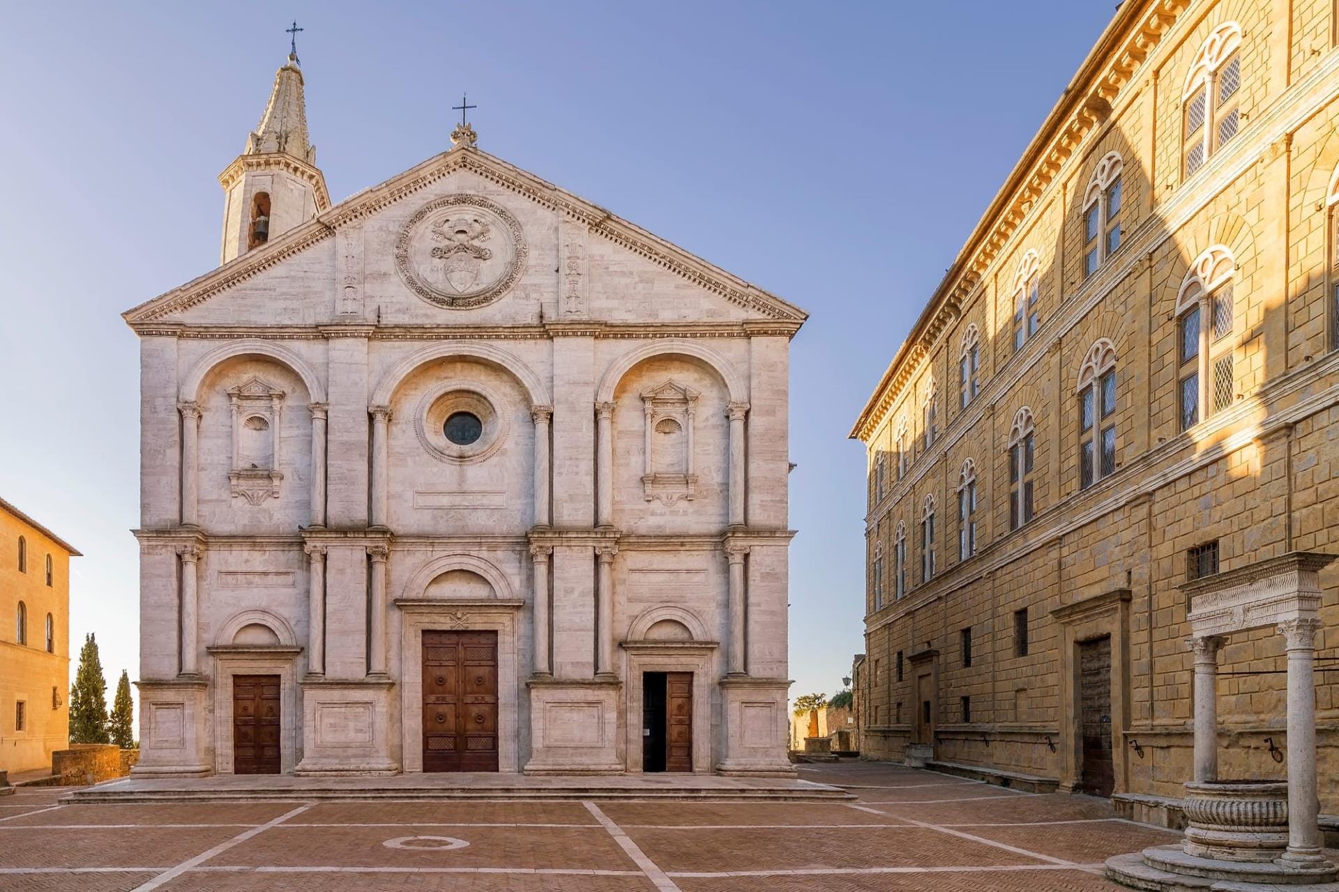 Piazza Pio II in Pienza at dawn, Duomo and Palazzo Piccolomini, Val d'Orcia