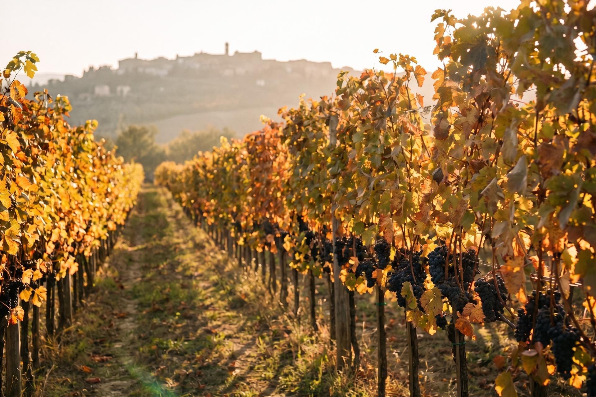 Sangiovese vineyard in autumn below a hill town, Brunello di Montalcino
