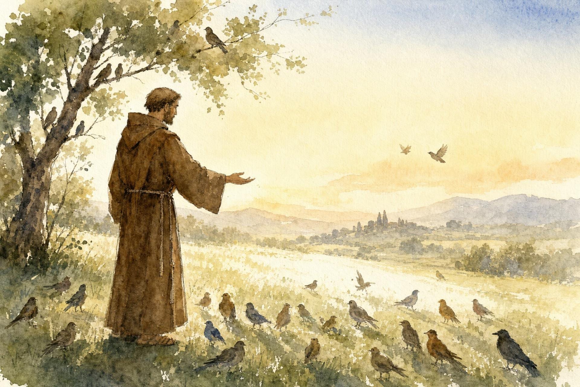 Illustration of Francis preaching to birds in the Spoleto valley near Bevagna, Umbria