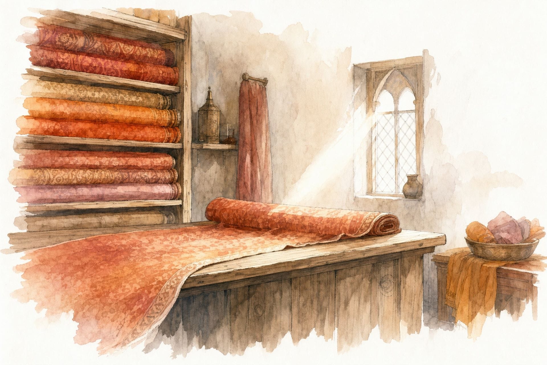 Rolls of dyed cloth stacked on shelves in a medieval Assisi merchant's shop interior