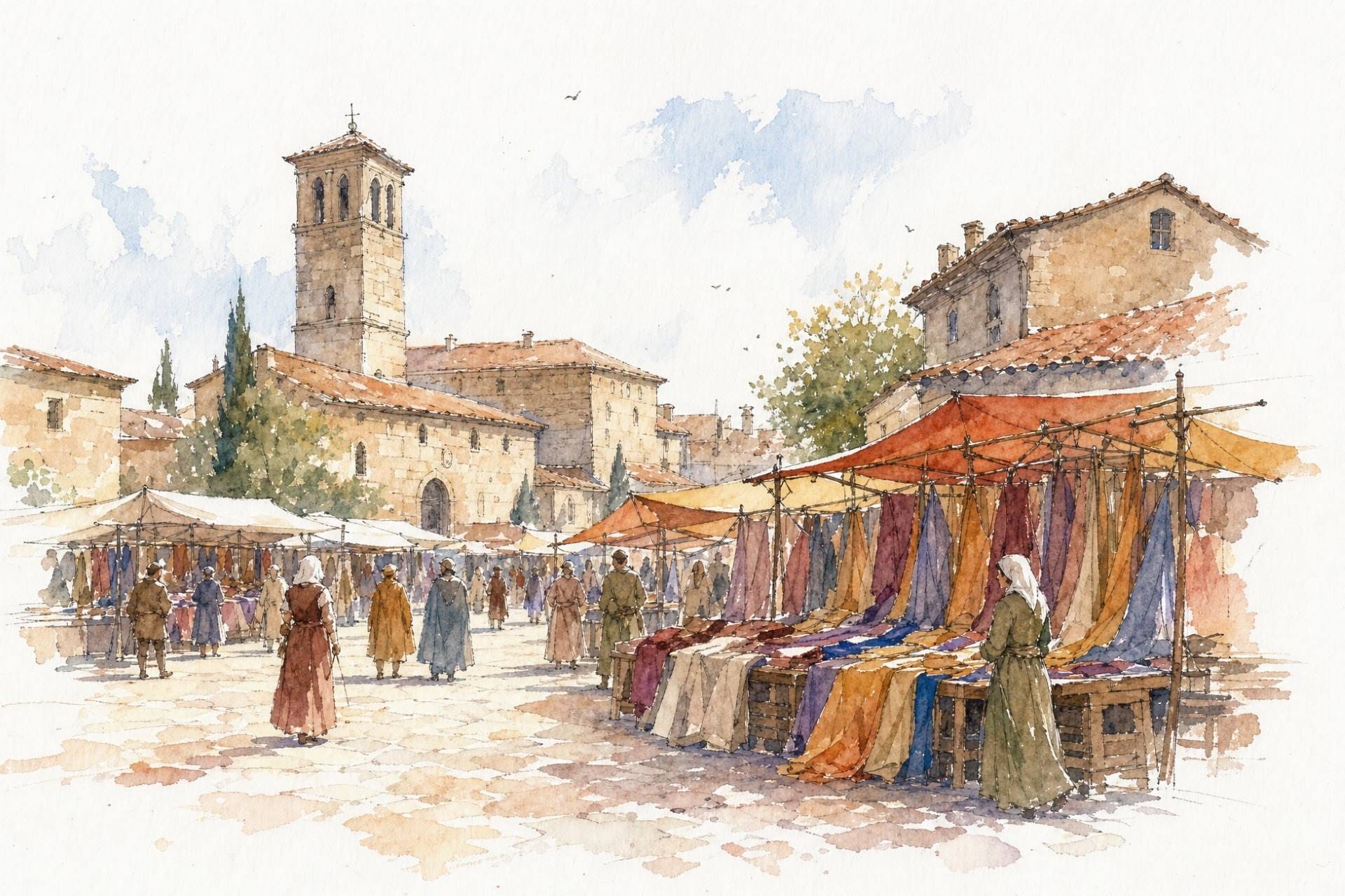 Medieval cloth stalls and shoppers in the main square of Foligno, Umbria