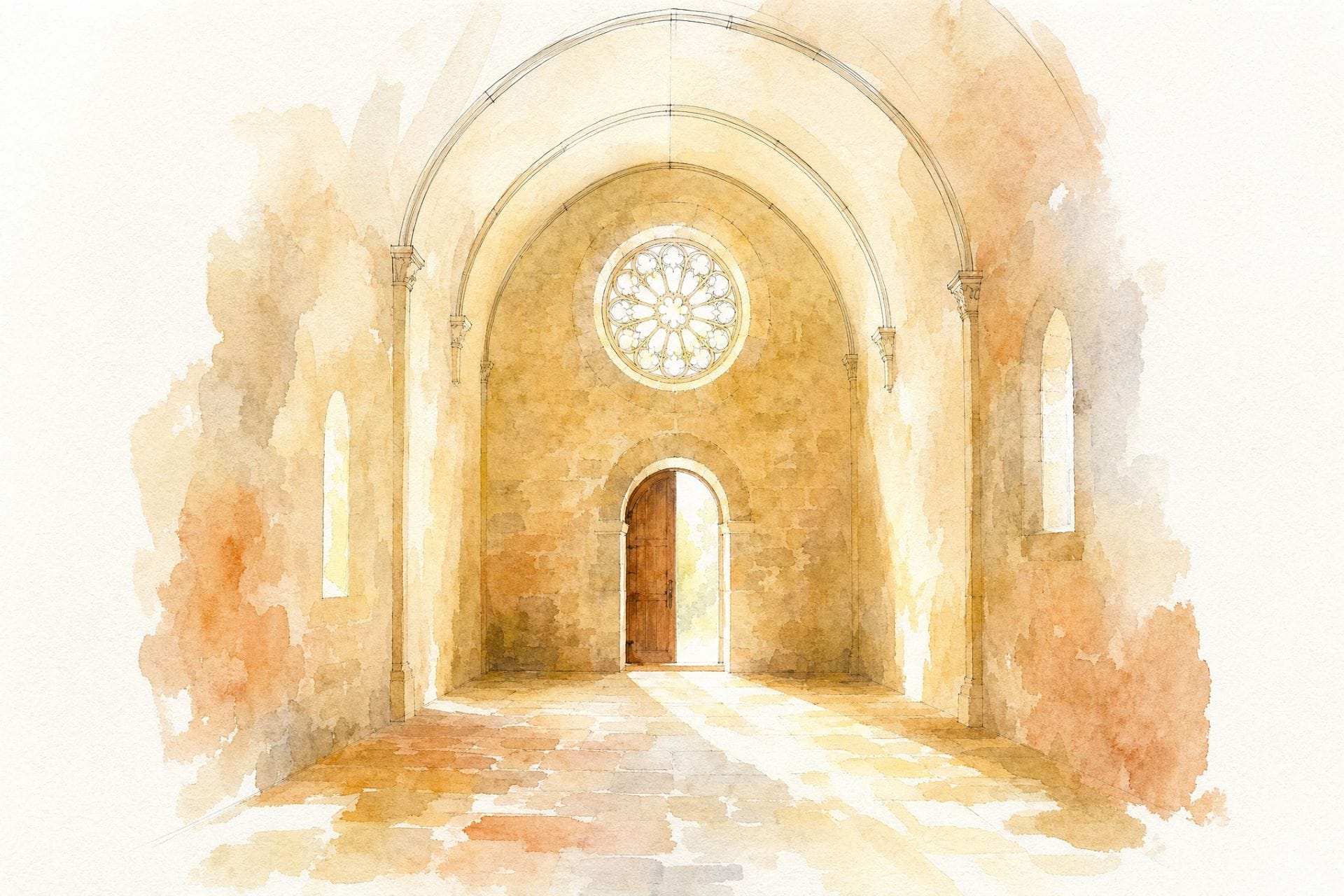 Sunlit nave and rose window inside the small church of San Damiano near Assisi