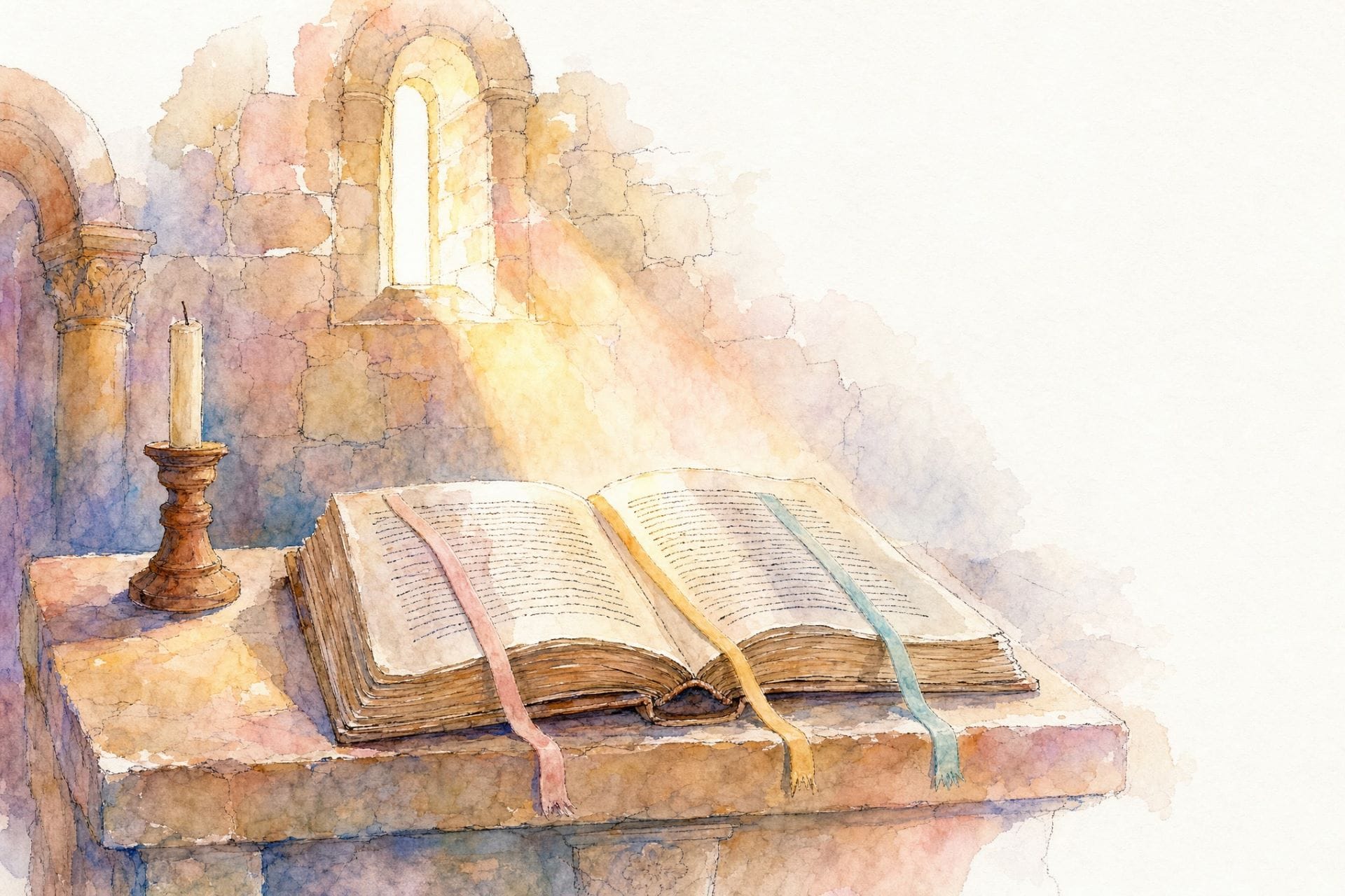 Gospel book open on a stone altar with three ribbons and light from a narrow window: San Nicolò, Assisi, 1208