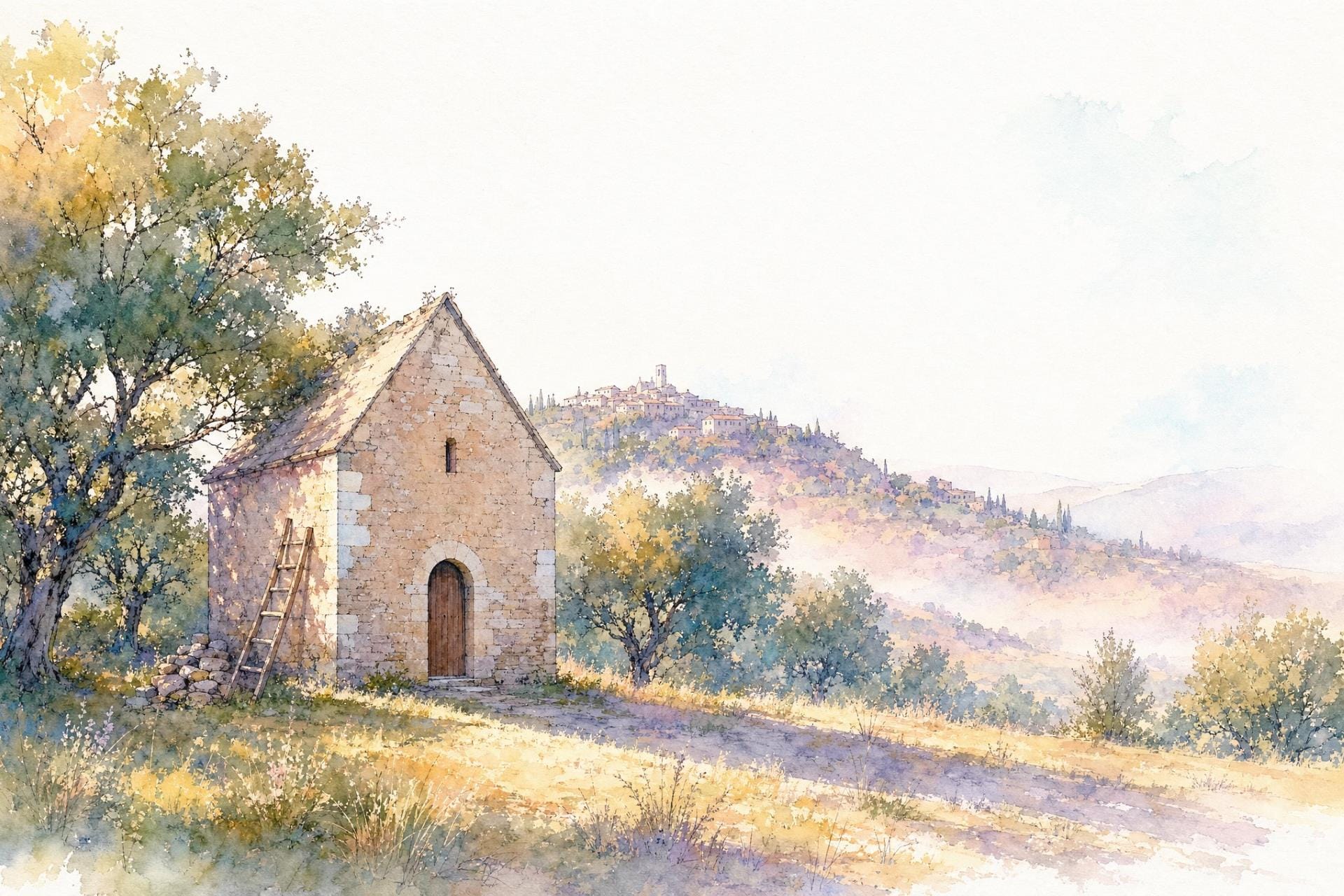 Small stone chapel with a ladder and stacked stones under holm oaks, a hill town behind: the Porziuncola near Assisi