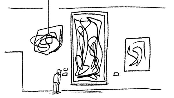 a small hastily drawn john looks at a wall plaque at an art gallery. most of the art pieces are squiggly nonsense