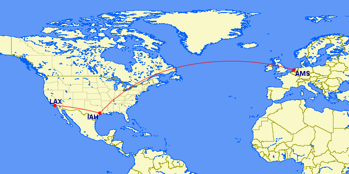 De route AMS-IAH-LAX en weer terug