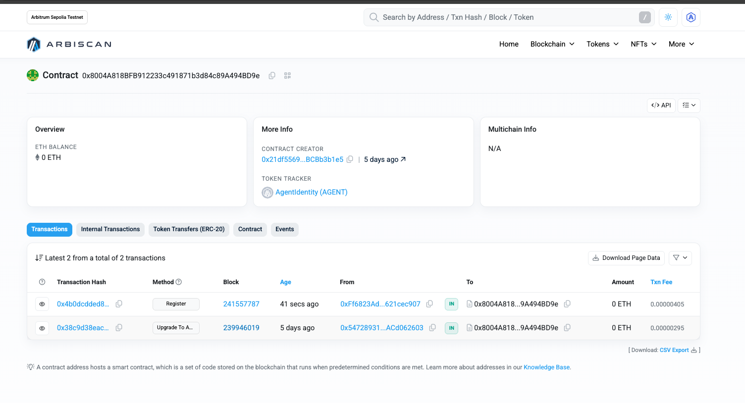 Agent registered on Arbitrum Sepolia