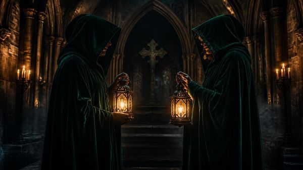 Two hooded figures in dark green cloaks stand facing eachother holding cloaks inside a dark church lit by candles. 