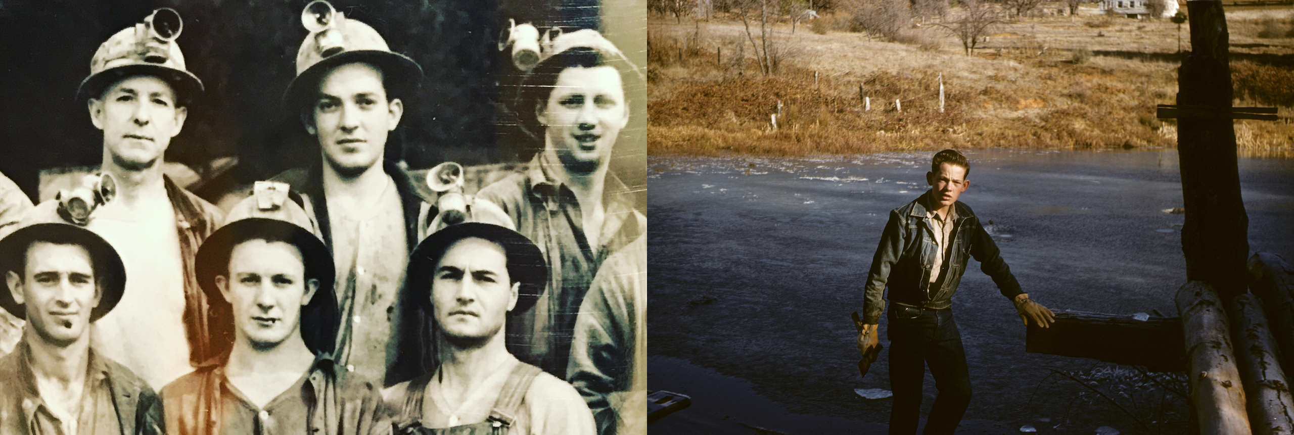 Left: Six miners with headlamps, author's grandfather Bert in back row. Right: Author's father Russ breaking ice with axe in 1957, James Dean-like in denim jacket.