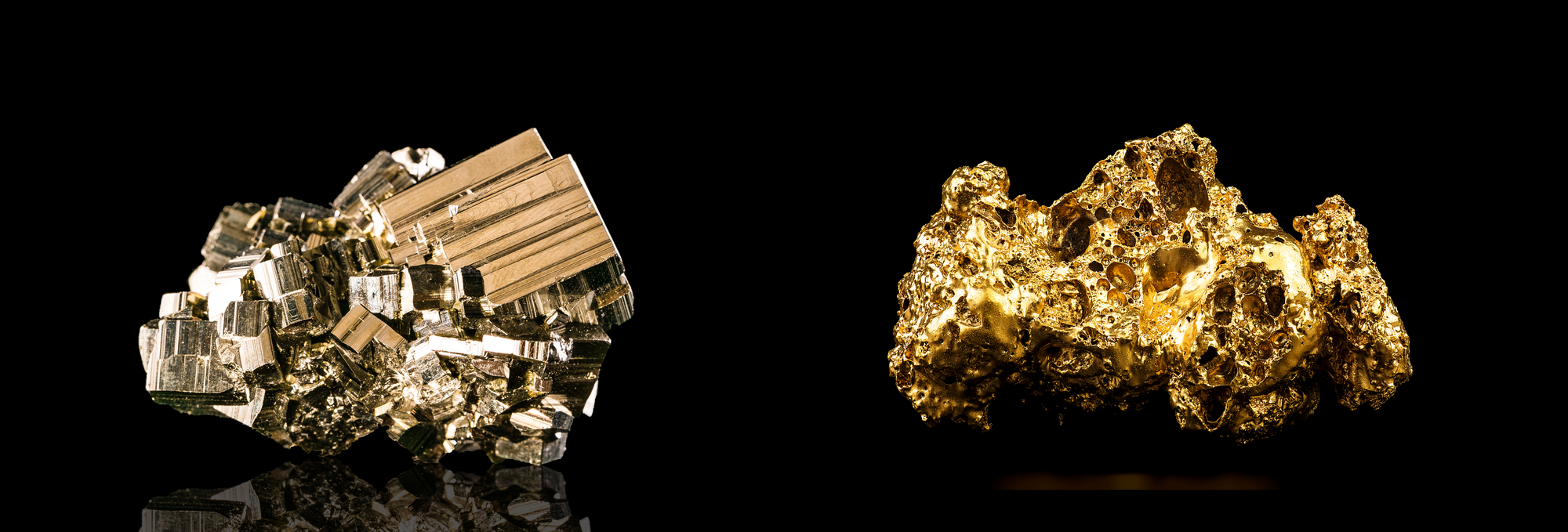 Left: cubic pyrite crystals with metallic sheen. Right: irregular gold nugget with warm yellow luster. Both on black backgrounds.