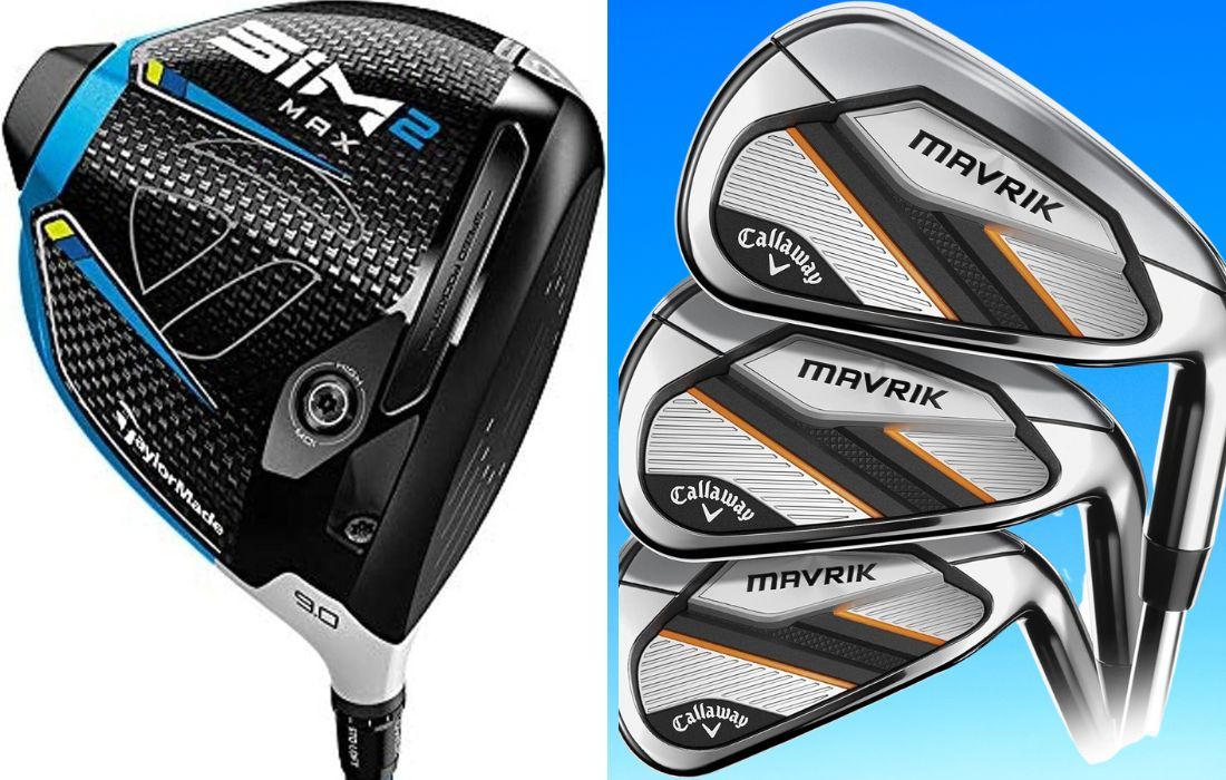 A golfer comparing a TaylorMade SIM Max Driver and a Callaway Mavrik Iron