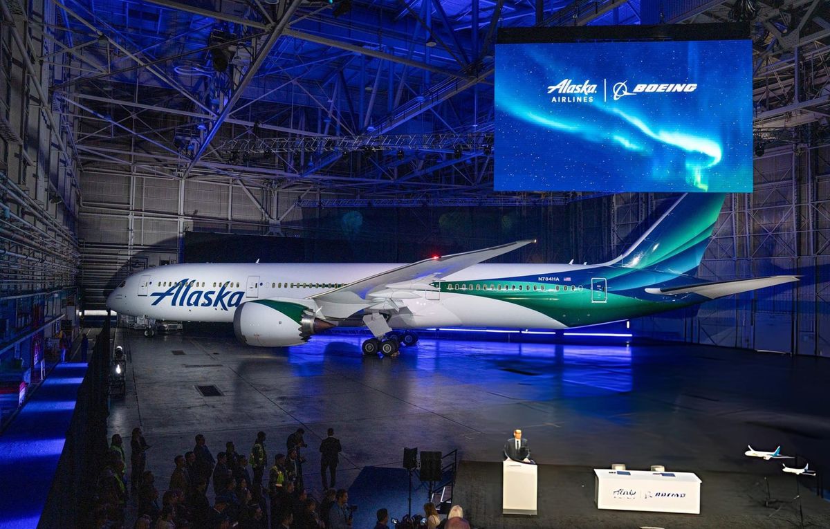 Boeing 787-9 Dreamliner passenger aircraft with Alaska Airlines' new aircraft livery during a media event at the Boeing Delivery Center in Seattle