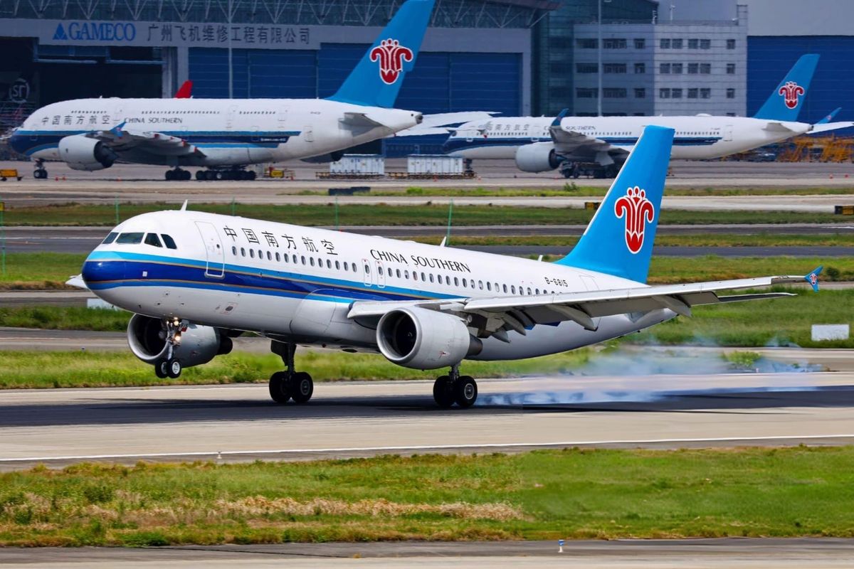 An Airbus A320 aircraft operated by China Southern Airlines lands in Guangzhou Baiyun airport
