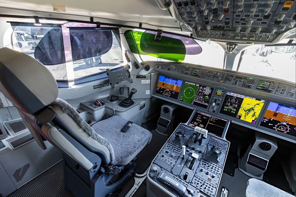 The cockpit of a JetBlue Airbus A220-300 passenger aircraft is seen on display during the Paris Air Show 2025 at Le Bourget Airport.