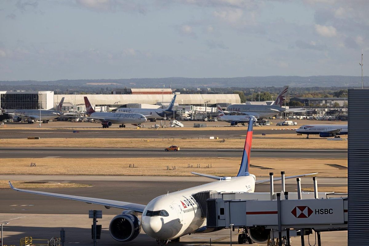 A Delta airways plane is seen on the runway at Heathrow Airport on September 08, 2026 in London, England
