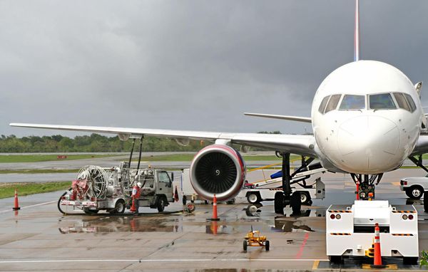 Refuelling an airplane on the airport Punta Cana at the Dominican Republic. Boeing 757