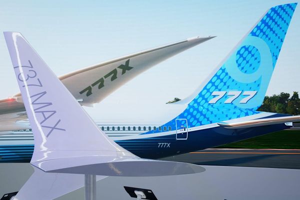 A scaled model of a Boeing 737 Max winglet at the company's exhibit chalet at the Farnborough International Air Show