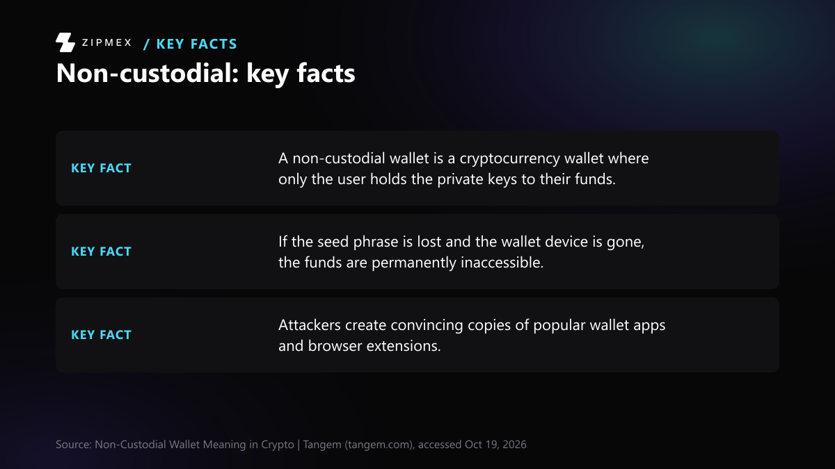 Key-facts card with 3 facts from tangem.com: A non-custodial wallet is a cryptocurrency wallet where only the user holds the…; If the seed phrase is lost and the wallet device is gone, the funds are…; Attackers create convincing copies of popular wallet apps and browser extensions.