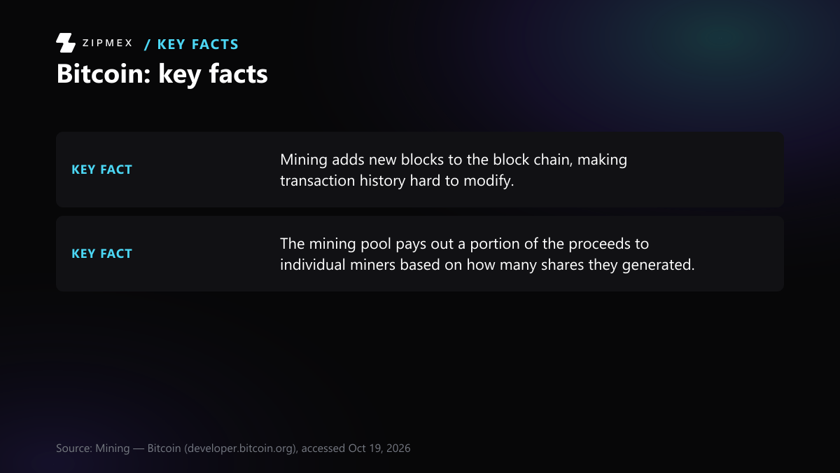Key-facts card with 2 facts from developer.bitcoin.org: Mining adds new blocks to the block chain, making transaction history hard to modify; The mining pool pays out a portion of the proceeds to individual miners based on how many shares they generated.