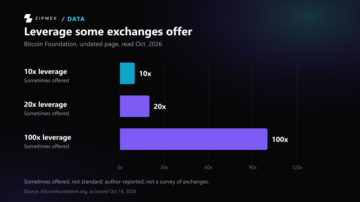 Horizontal bars for three leverage levels: 10x, 20x and 100x. Bitcoin Foundation says some exchanges sometimes offer leverage as much as these on positions.