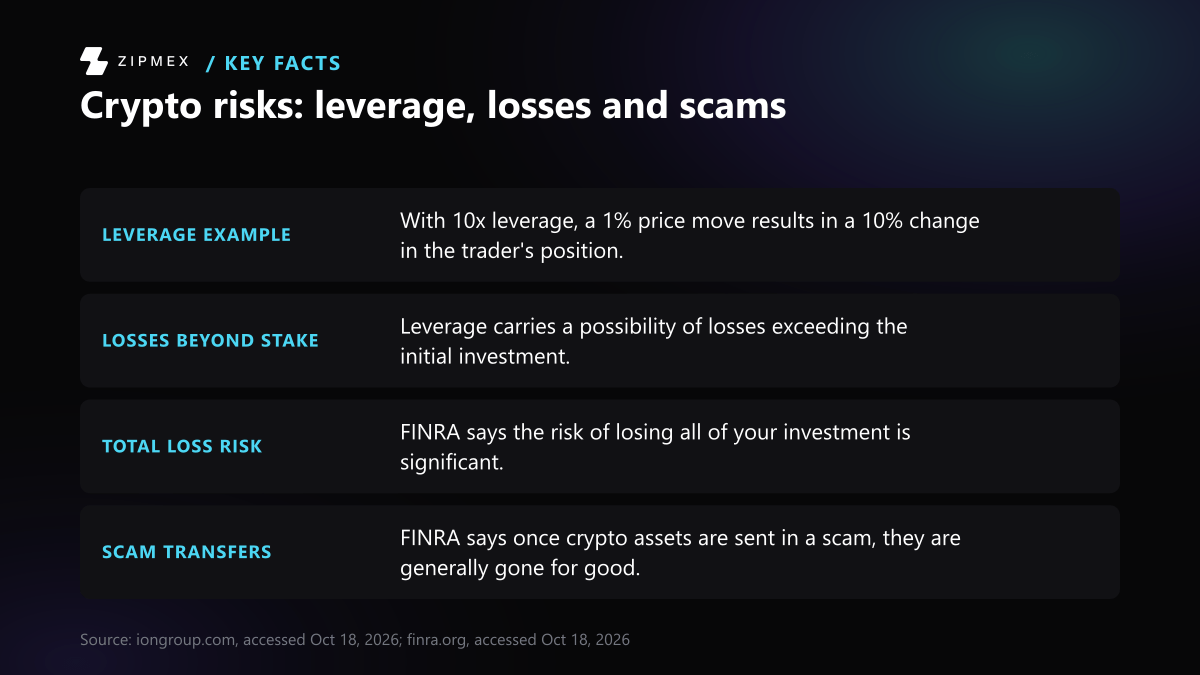 Key-facts card titled 'Crypto risks: leverage, losses and scams'. Four labelled facts in order: Leverage example, Losses beyond stake, Total loss risk, Scam transfers. Each states one attributed point from FINRA or ION Group.