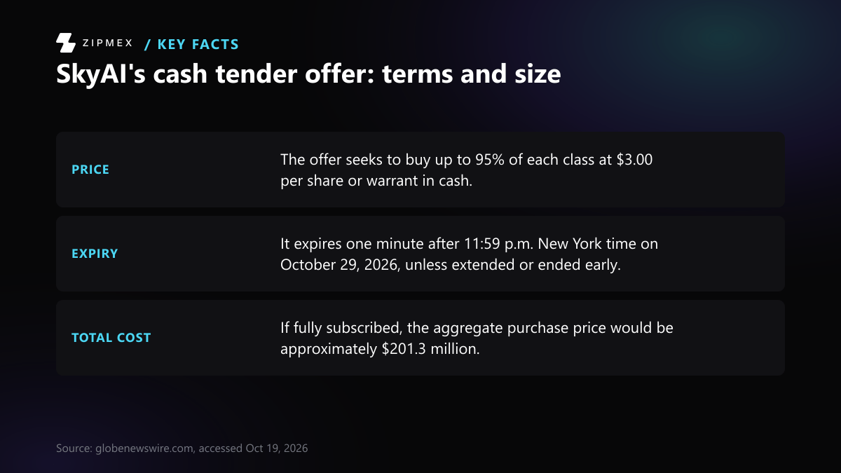 Key-facts card with three facts. The offer seeks to buy up to 95% of each class at $3.00 per share or warrant in cash. It expires one minute after 11:59 p.m. New York time on October 29, 2026, unless extended or ended early.