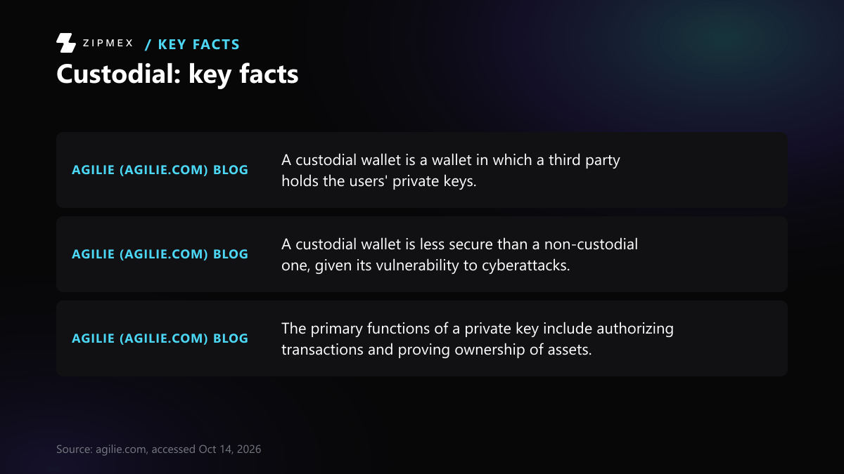 Key-facts card with 3 facts from agilie.com: A custodial wallet is a wallet in which a third party holds the users' private keys; A custodial wallet is less secure than a non-custodial one, given its…; The primary functions of a private key include authorizing transactions and….