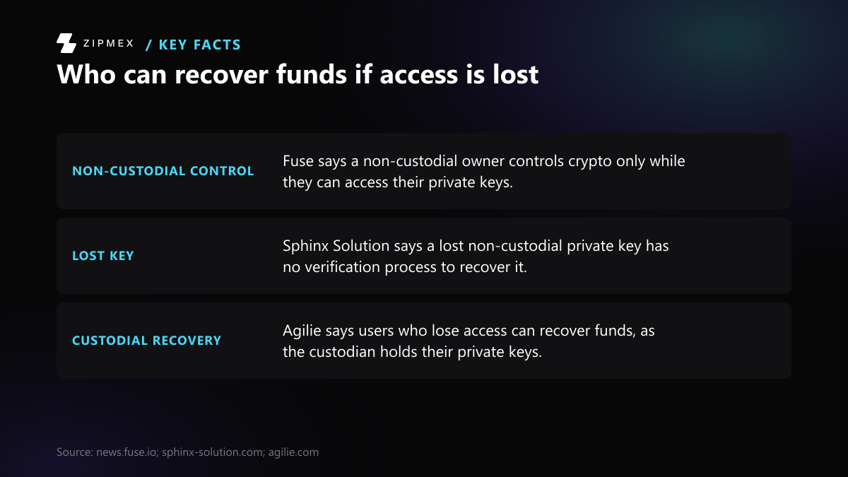 Diagram with three facts: a non-custodial owner controls crypto only while they can access their private keys; a lost non-custodial private key has no verification process to recover it; a custodian can recover funds for users who lose access because it holds their keys.