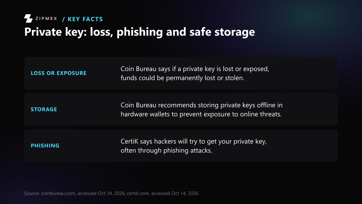 Key-facts card titled Private key: loss, phishing and safe storage. Three labelled facts in order: Loss or exposure, Storage, Phishing. Each restates one quoted claim from Coin Bureau or CertiK.