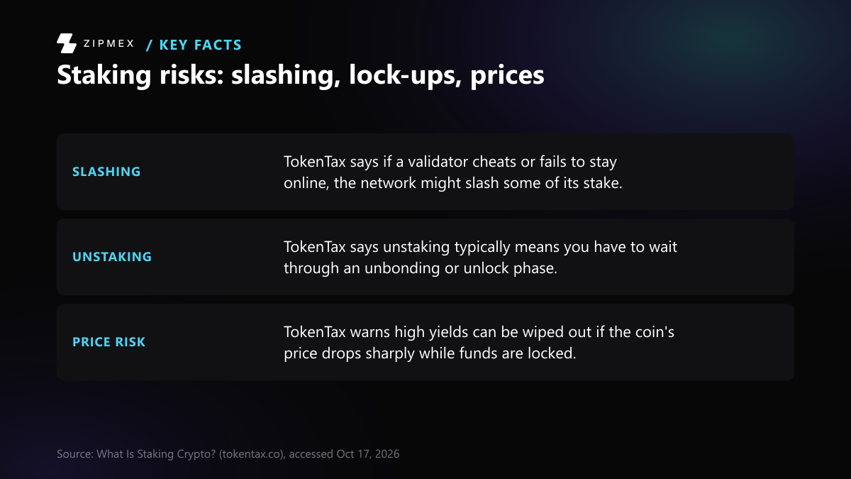 Diagram with three labelled facts about staking risks: slashing of some stake for cheating or staying offline, unstaking that typically requires waiting through an unbonding or unlock phase, and price drops that can wipe out high yields while funds are locked.