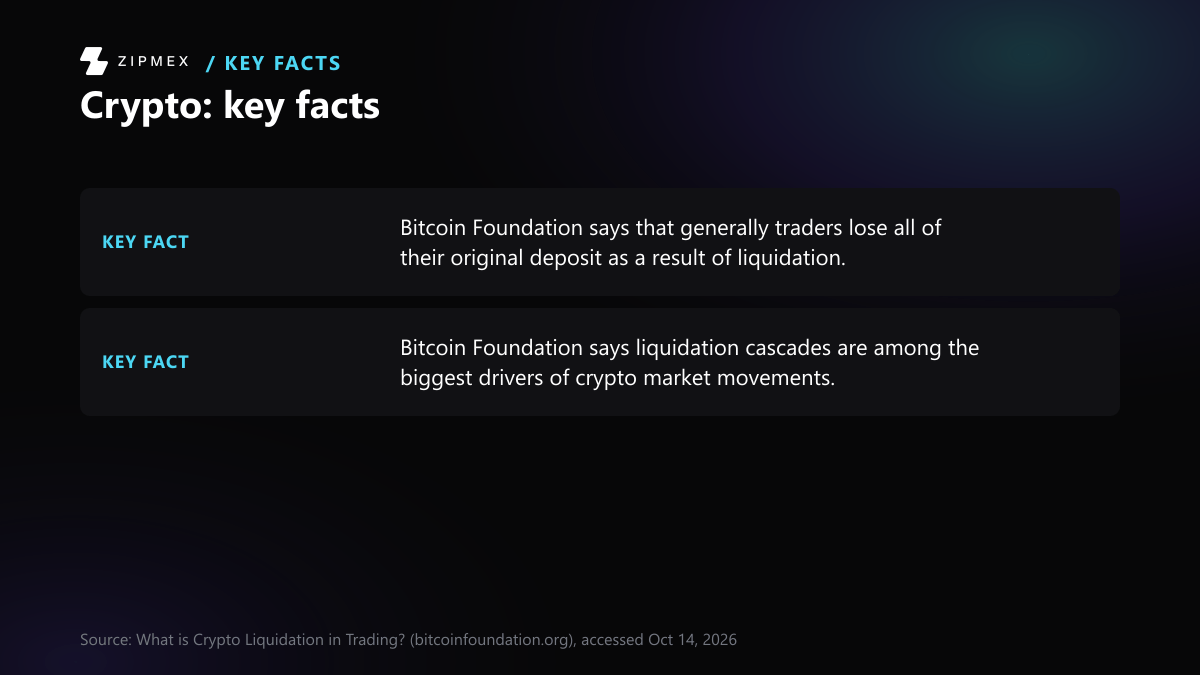 Key-facts card with 2 facts from bitcoinfoundation.org: Bitcoin Foundation says that generally traders lose all of their original deposit as a result of liquidation; Bitcoin Foundation says liquidation cascades are among the biggest drivers of crypto market movements.