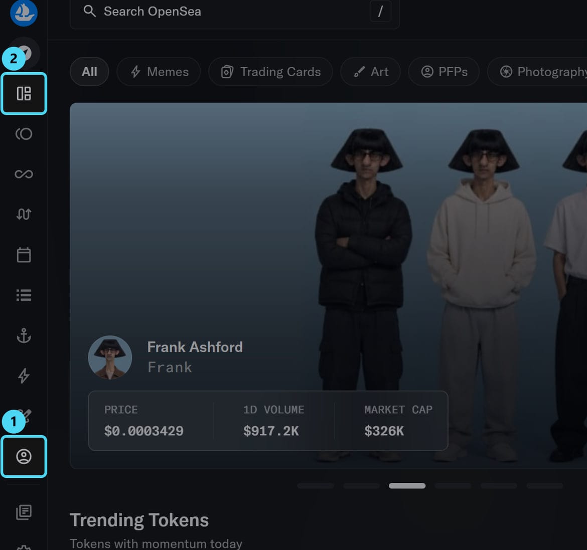 Screenshot of opensea.io: Profile, Collections