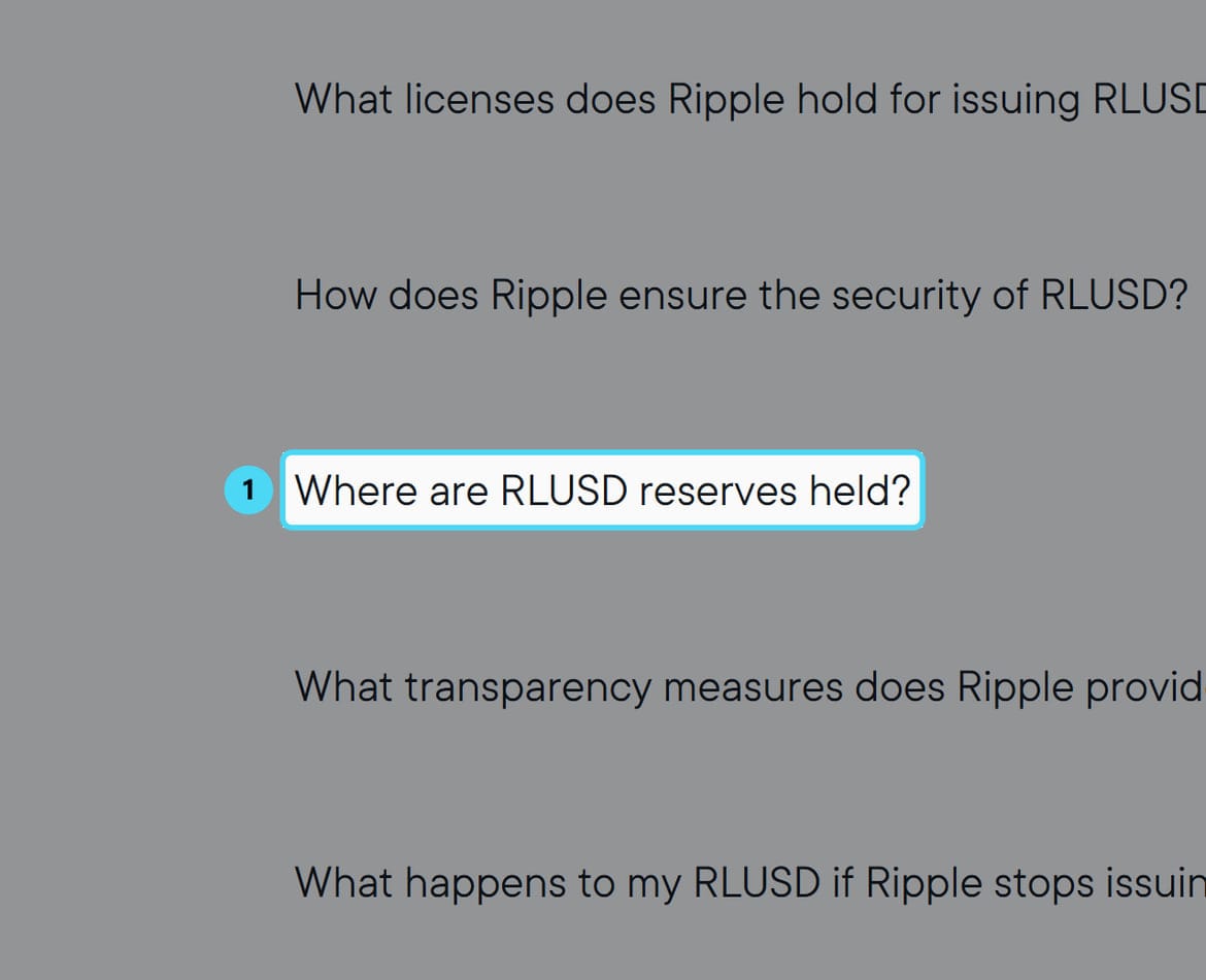 Screenshot of ripple.com: Where are RLUSD reserves held?
