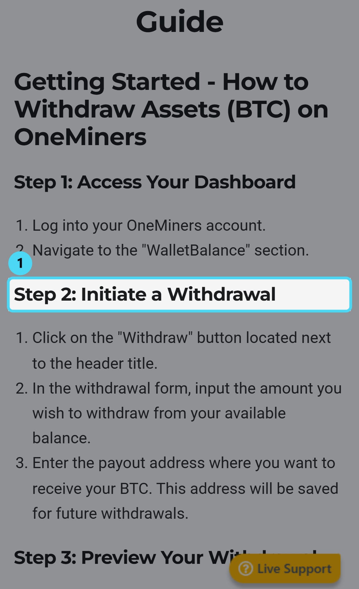 Screenshot of oneminers.com: Step 2: Initiate a Withdrawal