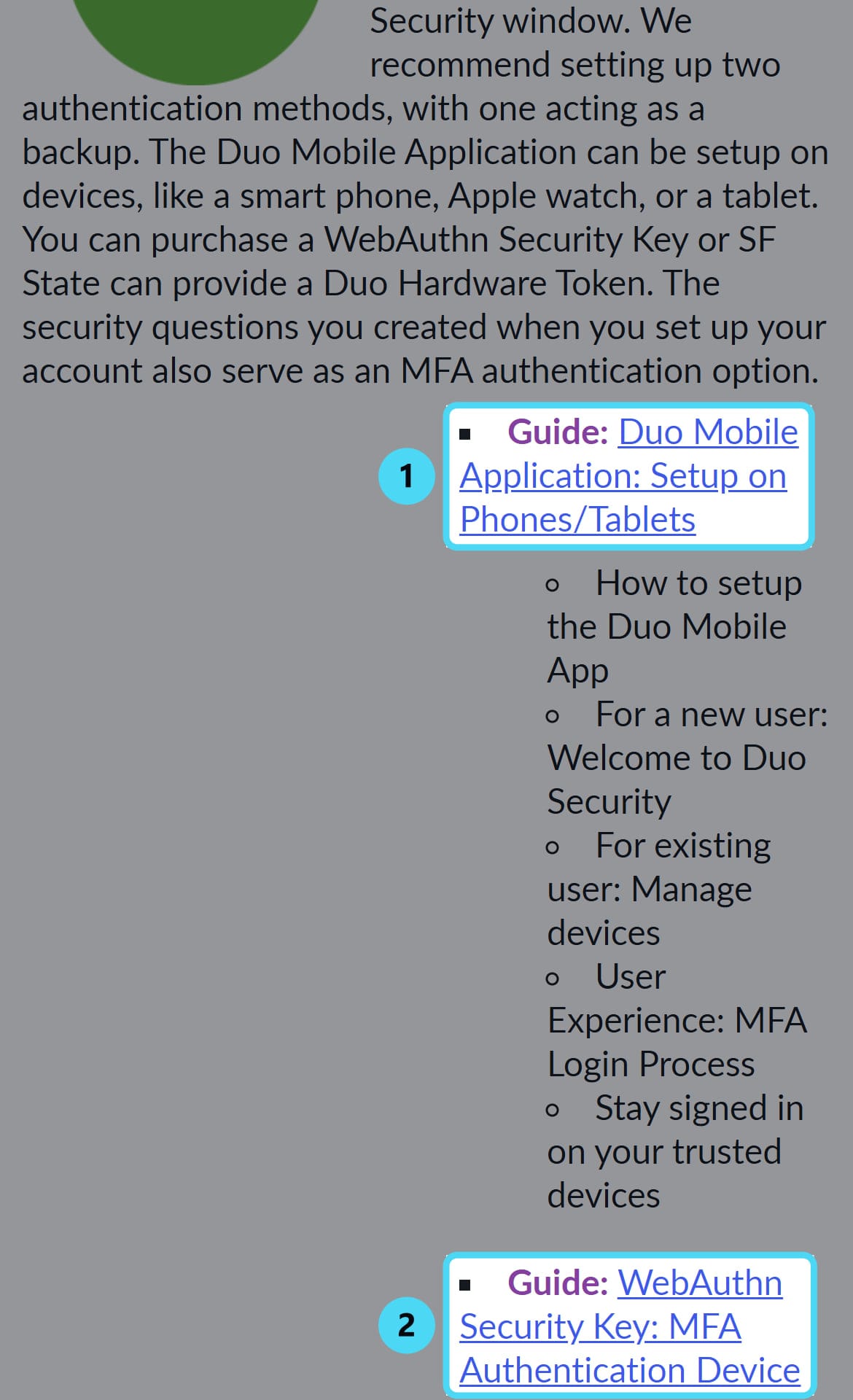 Screenshot of sfsu.service-now.com: Duo Mobile Application: Setup on Phones/Tablets, WebAuthn Security Key: MFA Authentication Device