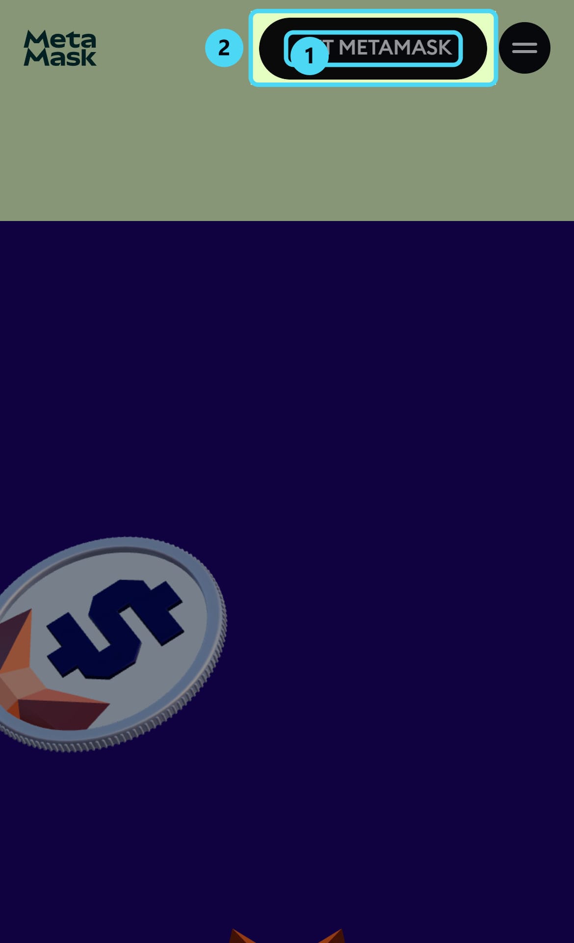 Screenshot of metamask.io: GET METAMASK, GET METAMASK GET METAMASK