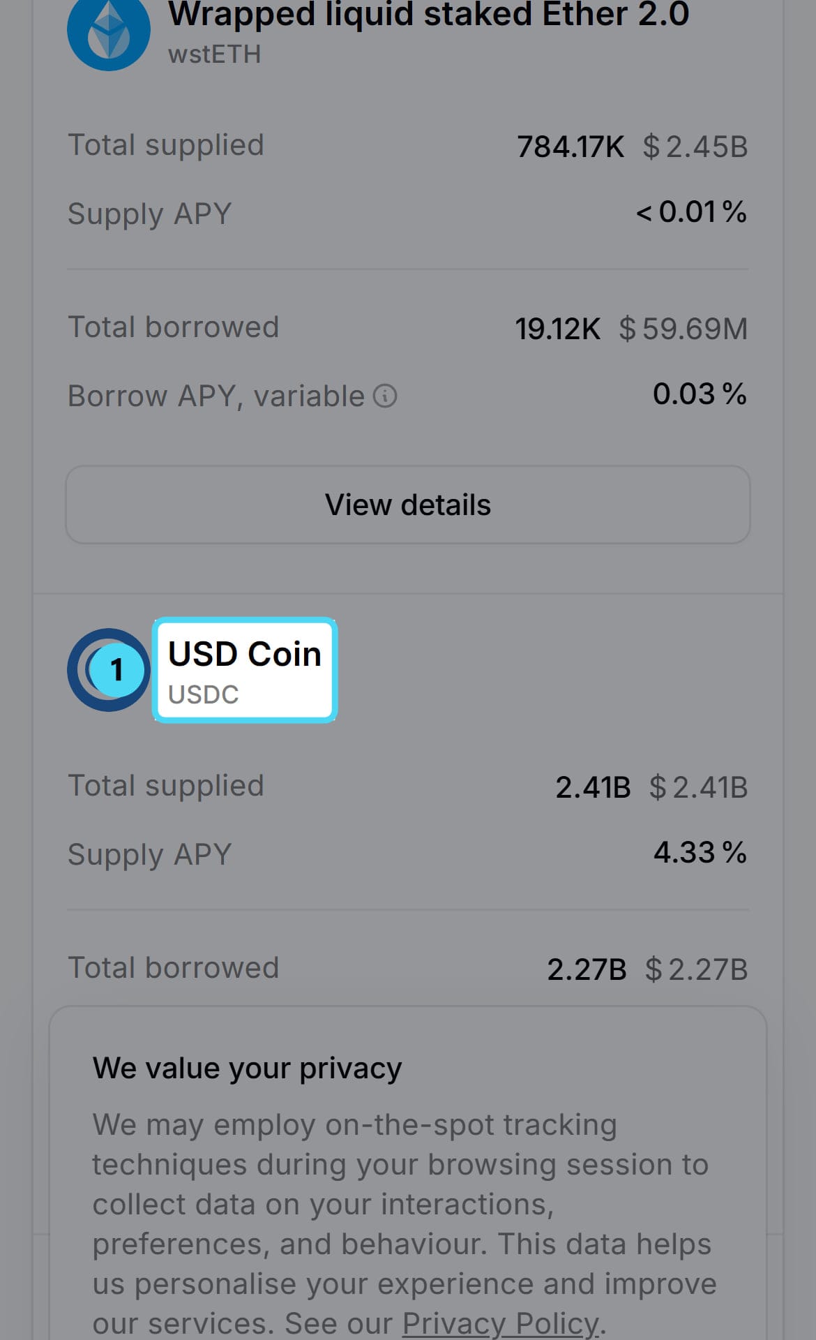 Screenshot of app.aave.com: USD Coin USDC